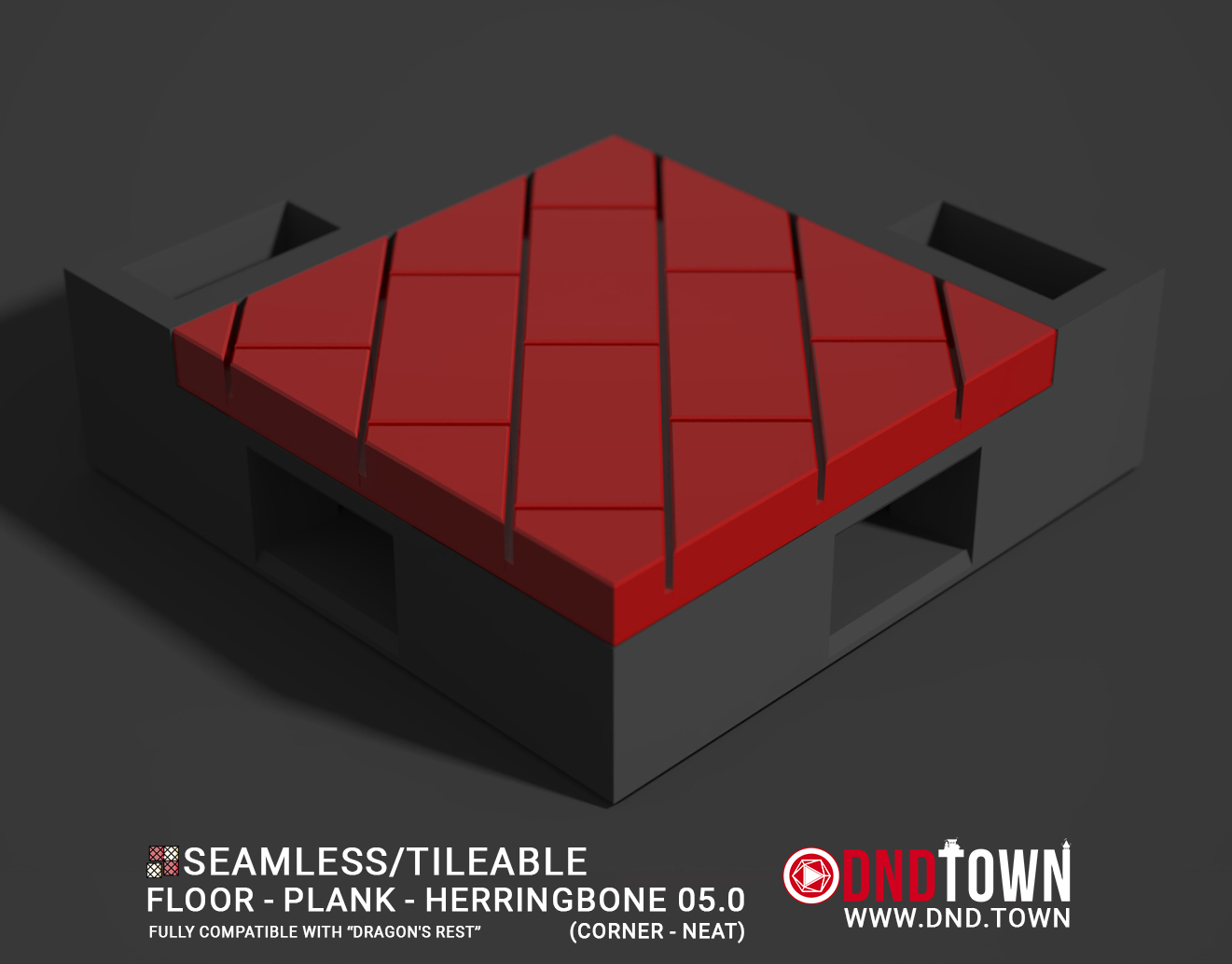 Floor - Plank - Herringbone - Wall Corner 05.0 (NEAT/DEEP) - 3D Modular Dungeon Tile - DnD Town Minis (www.dnd.town)